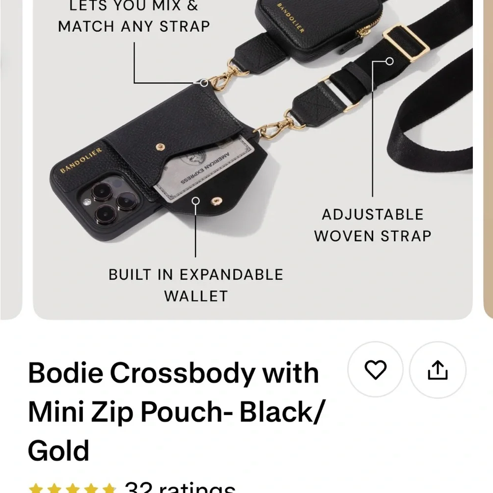Bandolier Black Crossbody Phone Case with Gold Accents
